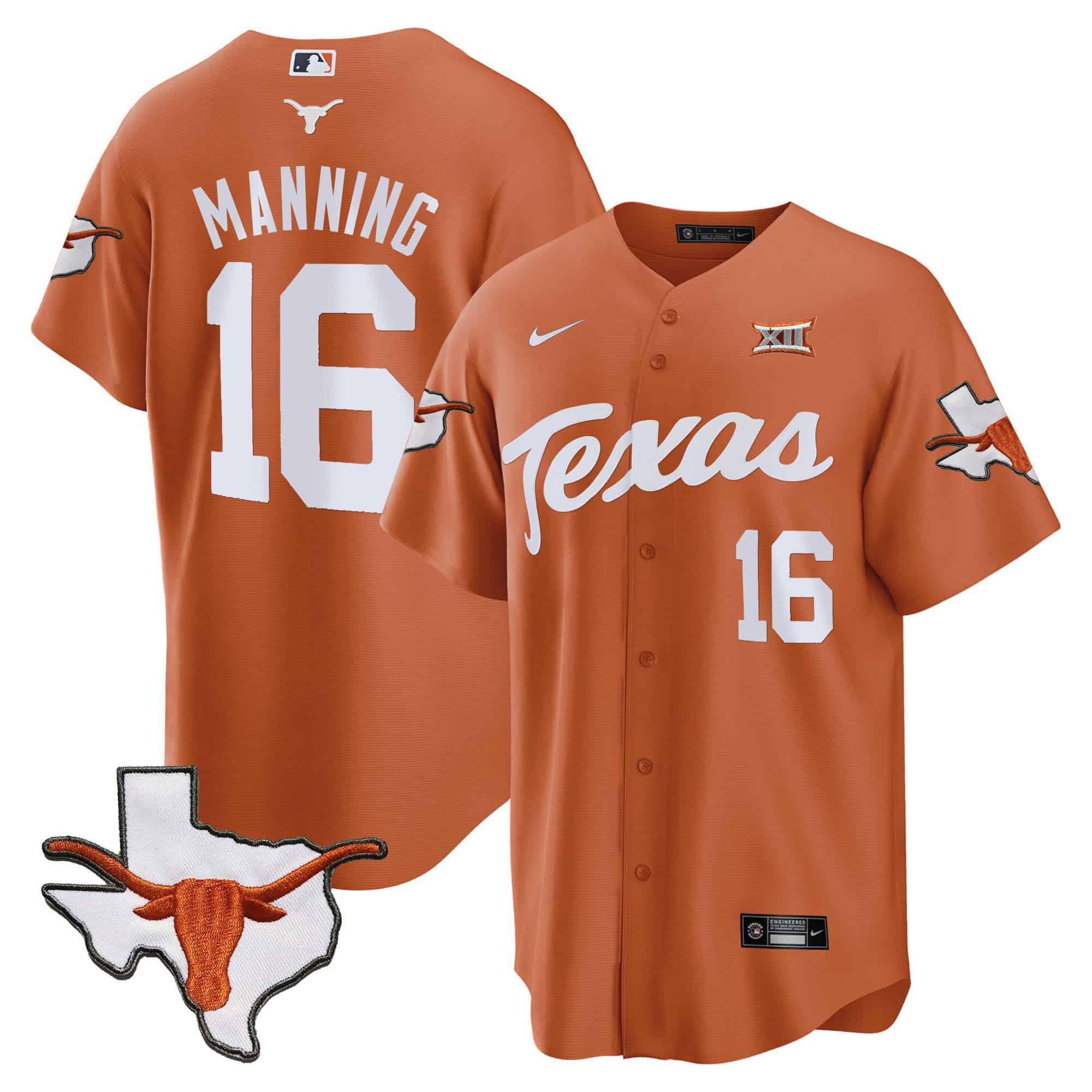 Men Texas Longhorns #16 Manning Orange 2024 Baseball NCAA Jersey style 1